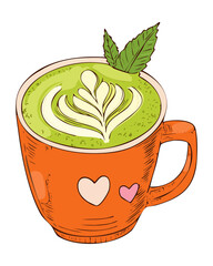 Hot Matcha Green Tea Latte In Orange Cup With Heart Foam Art And Mint Leaf For Healthy Beverage - Vector Illustration © powdesign