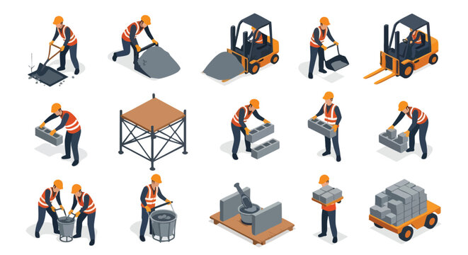Construction workers isometric set. Building process vector icons. Industrial labor concept. Flat design elements.