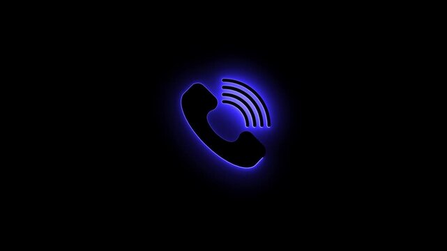 Neon blue glowing telephone handset icon isolated on a completely black background