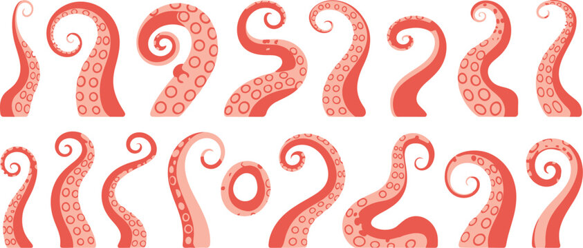 Octopus tentacle cartoon icon set, vector illustrations of cute sea octopus and squid characters in isolated style on white background, perfect for marine, kids, and ocean-themed design projects.