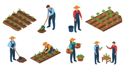 Farmers Working in Vegetable Garden, Isometric Illustration © khafid