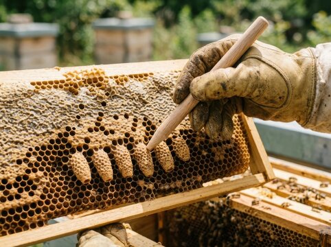 Beekeeper inspecting queen bee cells on a honeycomb frame in an apiary