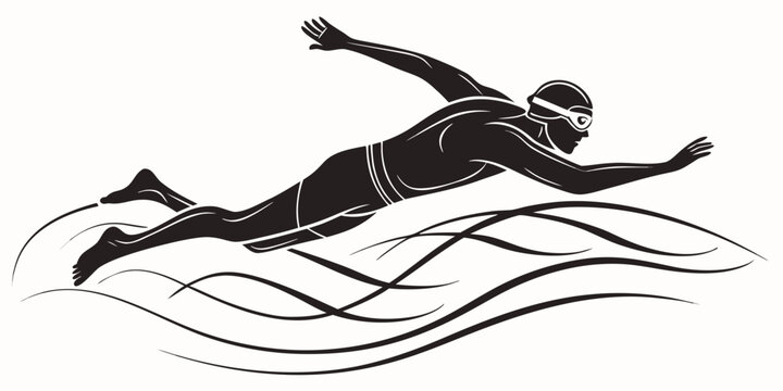 Minimalist graphic design of a swimmer freestyle stroke with swimming cap swimming freestyle competition exercise training illustration silhouette performance endurance physical