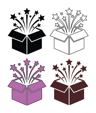 Celebration box icon set, surprise gift box with exploding stars, festive event graphic resource, party design element vector collection