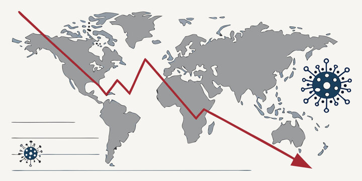 Global economic downturn graph with virus and information lines recession pandemic business financial downturn negative analysis statistics illustration depression commerce economic