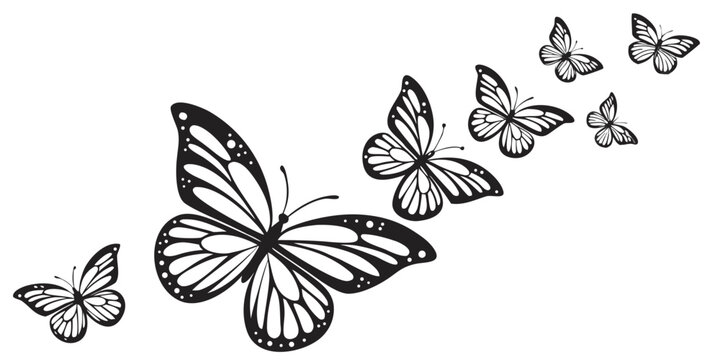 Black and white silhouette of a group of monarch butterflies flying in a diagonal formation with butterfly butterflies silhouette wildlife monochrome isolated fluttering collection