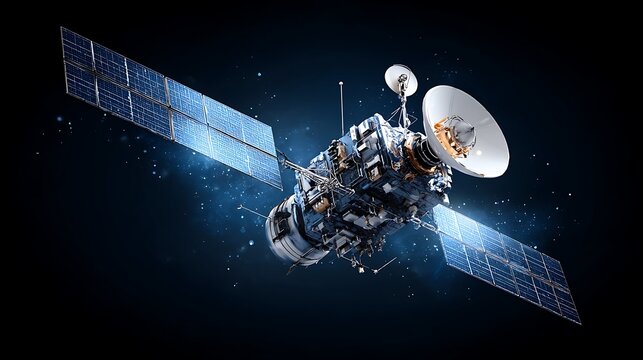 Advanced communication satellite with large solar panels and antennas in deep dark outer space