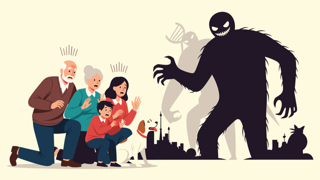 Terrified family and their pet dog cowering in fear from a giant dark monster shadow looming over a city skyline at dusk.