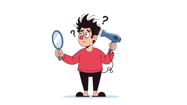 Confused man looking in a hand mirror while trying to style his wild messy hair with an electric hair dryer and question marks.