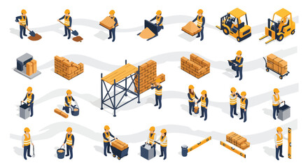 Construction workers and equipment, isometric view. © khafid