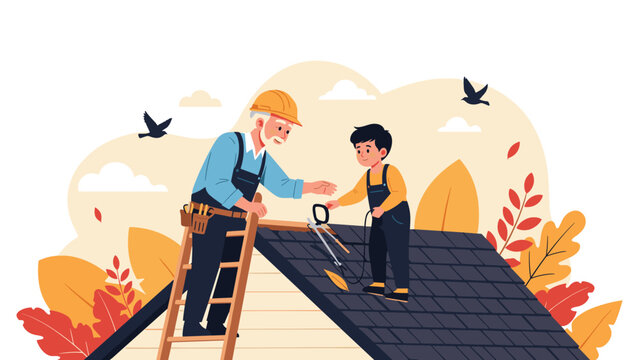 Senior man in a hard hat teaching a young boy how to install shingles on a house roof during a bright autumn day.