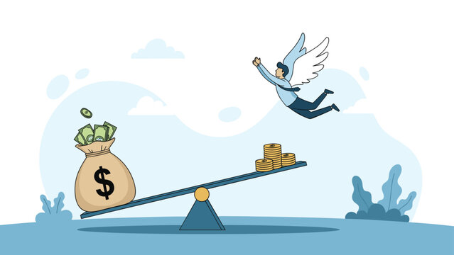Winged man in a suit flying through the sky over a seesaw balancing a large bag of money against small stacks of coins.