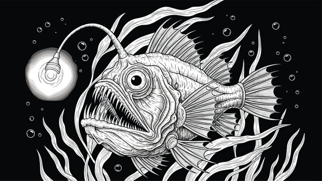 Detailed hand drawn illustration of a deep sea anglerfish with a bioluminescent lure and sharp teeth in a dark environment.