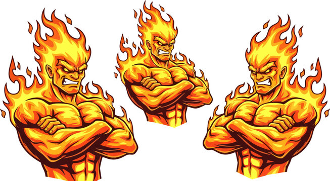 Muscular fire elemental mascot vector, powerful flame man character with crossed arms, set of 3 aggressive fire spirit illustrations for gaming