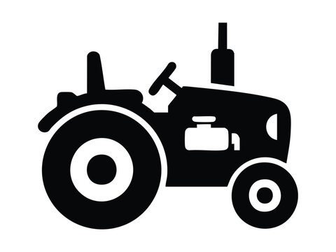 Black silhouette of a classic farm tractor, side view, on a white background.