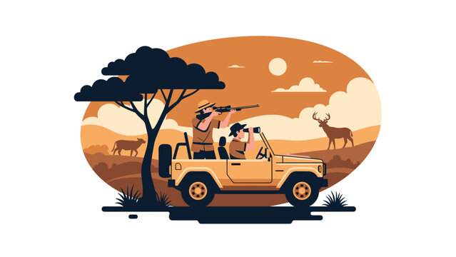 Researchers on a safari jeep observing wild animals like deer and cows in a sunset landscape with trees.