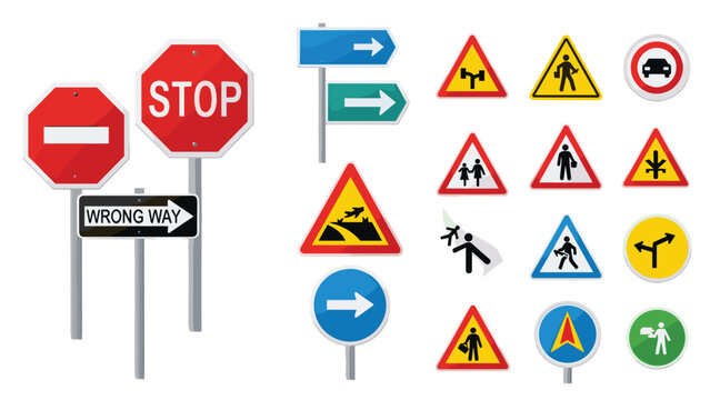Comprehensive set of various road and traffic signs including stop signs wrong way directions and pedestrian crossing warnings for safety.