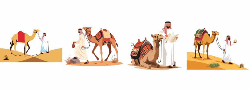 Set of illustrations depicting Arab men in traditional attire traveling through a desert landscape with camels, featuring navigation tools like maps and compasses.