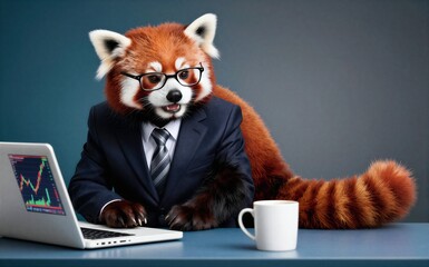 Obraz premium Red panda in suit glasses typing on laptop with stock charts and