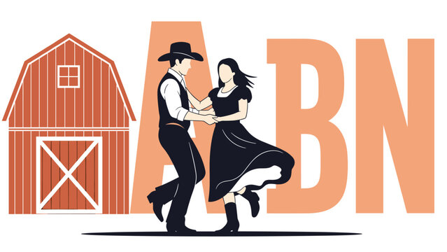 Country couple in traditional attire enjoys a square dance session next to a red barn and large peach colored letters in the background.