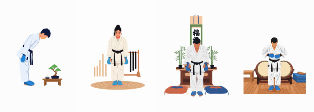 Set of martial arts illustrations featuring karate fighters in white uniforms and black belts performing traditional bows in various dojo environments.