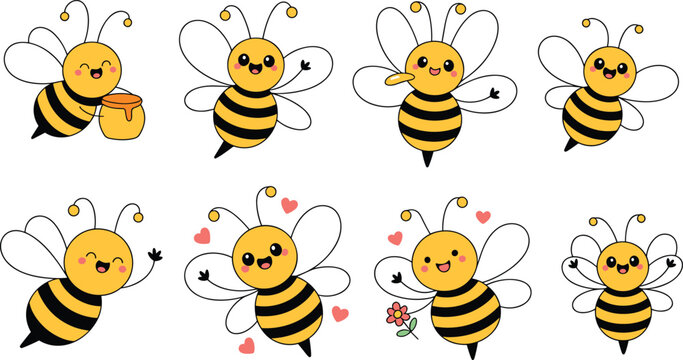 Cute vector set of cartoon honey bee characters in various poses holding honey pot and flowers for children nursery decor sticker design and educational spring holiday projects