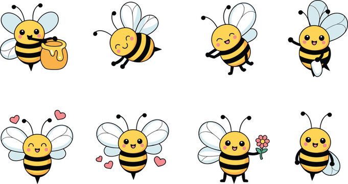 Cute vector set of cartoon honey bee characters in various poses holding honey pot and flowers for children nursery decor sticker design and educational spring holiday projects
