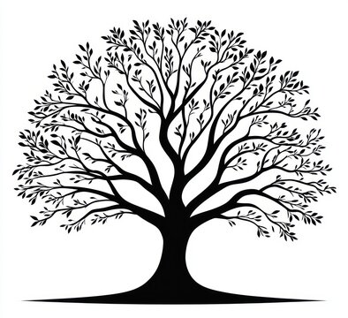 Large black tree silhouette with thick trunk, many intertwining branches and small leaves forming a rounded canopy on a white background, calm and balanced