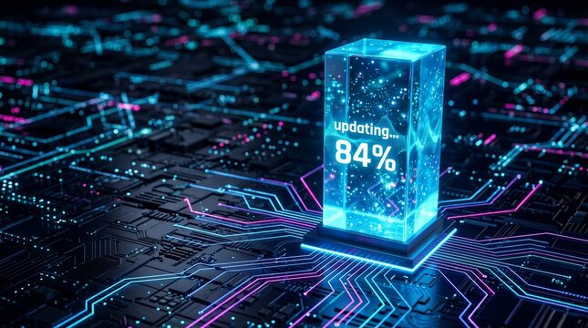 Digital system update progress visualized on a glowing cube, representing data processing in a futuristic technology environment.