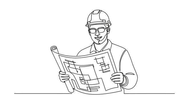 Man in hard hat reading blueprint.