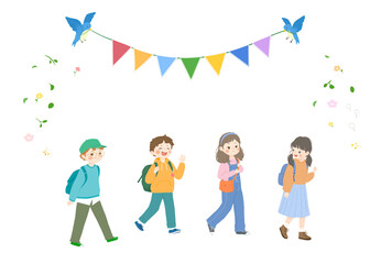Fototapeta premium Cute children with backpacks and birds holding banners, isolated PNG, transparent background 