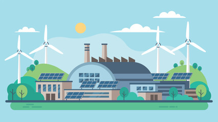 Fototapeta premium Hybrid energy plant with solar panels and wind turbines in clean green landscape showing sustainable power generation and eco friendly industry