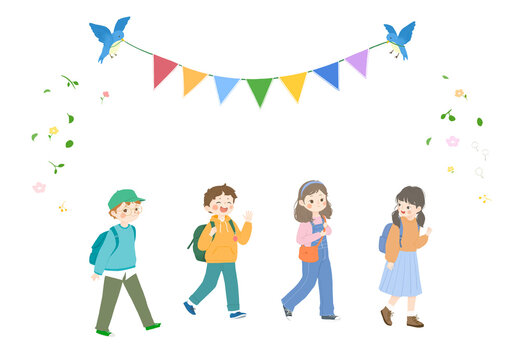 Cute children with backpacks and birds holding banners, isolated PNG, transparent background
