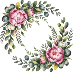 Elegant vector floral wreath with pink peony flowers and green eucalyptus leaves for wedding invitations romantic greeting cards feminine branding and spring botanical decorations © Yesrath Hasan