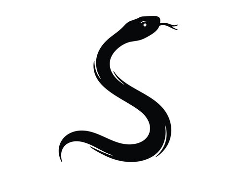 A sleek black snake silhouette, coiled into an 'S' shape, with its head raised and tongue flicking, against a clean white background.