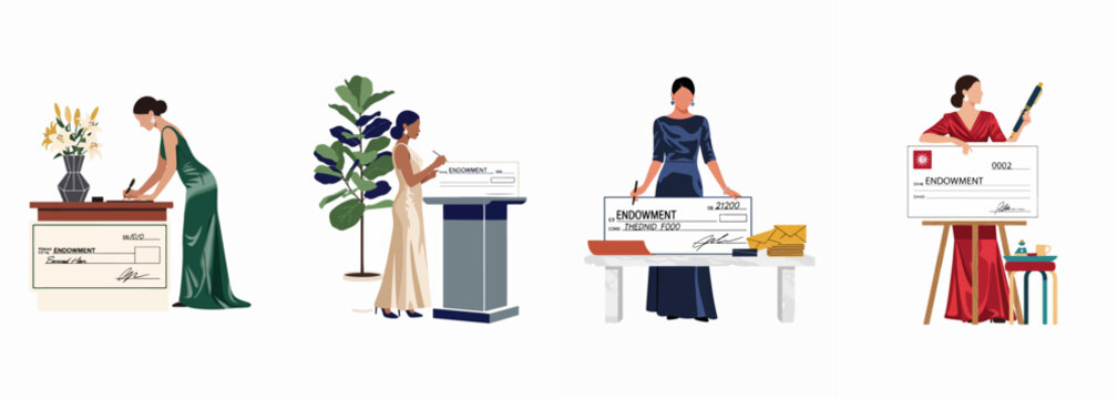 Set of flat vector illustrations depicting elegant women in evening gowns signing and presenting large endowment checks for charity, philanthropy, and gala events.