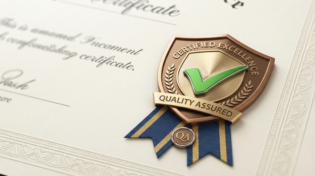 Certified Excellence Quality Assured badge on an official certificate, signifying high standards and professional accreditation.