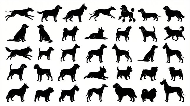 Dogs represent various breeds and postures in this comprehensive set of black silhouettes arranged on a white background.