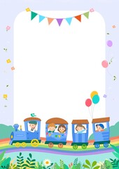 Fototapeta premium Happy children train illustration with rainbow road and copy space layout