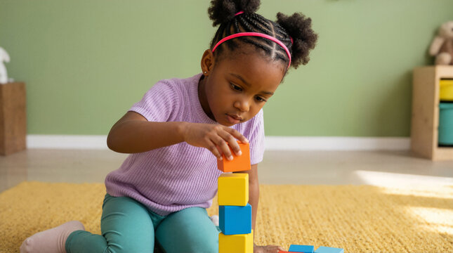 Young Black girl stacking colorful wooden blocks on a rug. Child playing and learning at home. Early childhood development and education concept