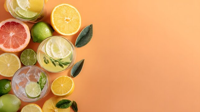 Close-up of refreshing citrus drinks a vibrant summer vibes display on orange background