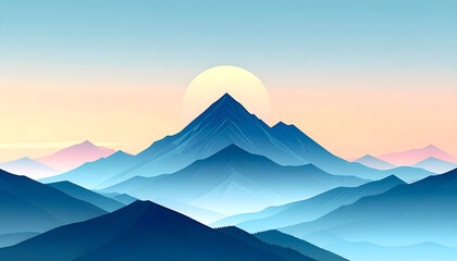Fototapeta premium A panoramic nature landscape illustration featuring a sunset silhouette over a snowy mountain range peak with clouds and fog