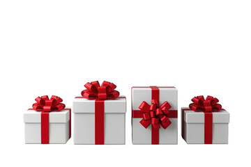 Fototapeta premium White gift boxes with red ribbon bows representing surprise, celebration, and giving on a transparent background
