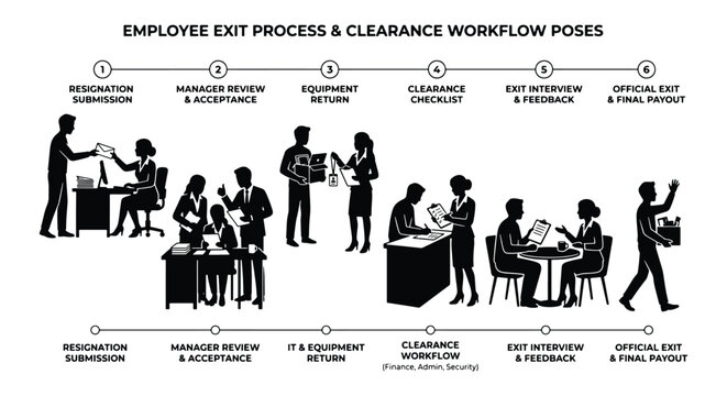 Employee exit process and clearance workflow poses, human resources resignation silhouettes, corporate offboarding procedure infographic vector