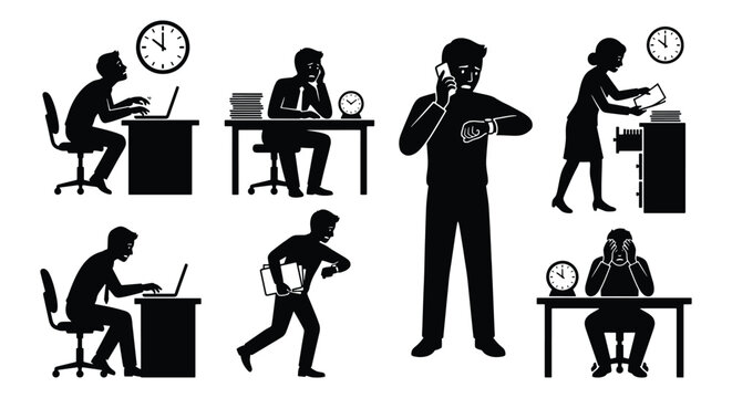 Business time management silhouette set, office workers under pressure and deadlines, busy employees multitasking with clocks and laptops, black vector icons