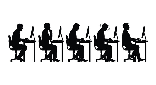 Ergonomic office posture silhouettes, male employee sitting at desk with computer, sequence showing correct and incorrect sitting positions