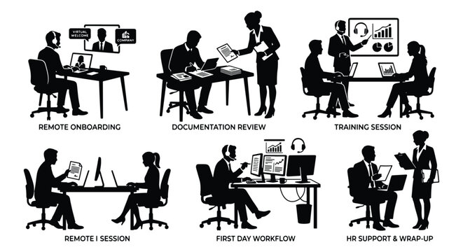 Business office silhouette set with 6 corporate scenes, remote onboarding and HR support workflow icons, professional training and documentation review