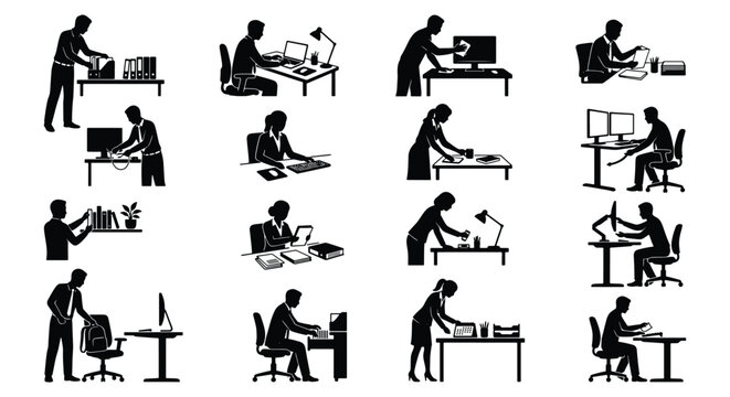 Business office worker silhouettes set, 16 vector icons of employees working at desks, professional corporate staff in various workspace poses