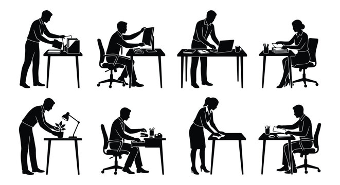 Professional office worker silhouettes set, business people working at desks vector, corporate employees at workstations collection