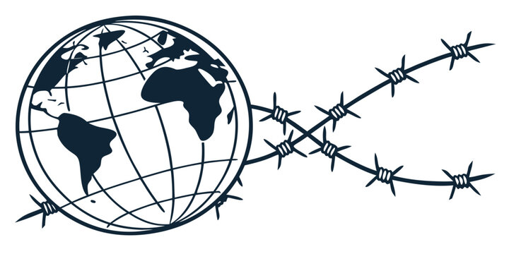 Graphic illustration of planet earth globe trapped behind strands of sharp metallic barbed wire with conflict security political restriction protection division isolation humanity